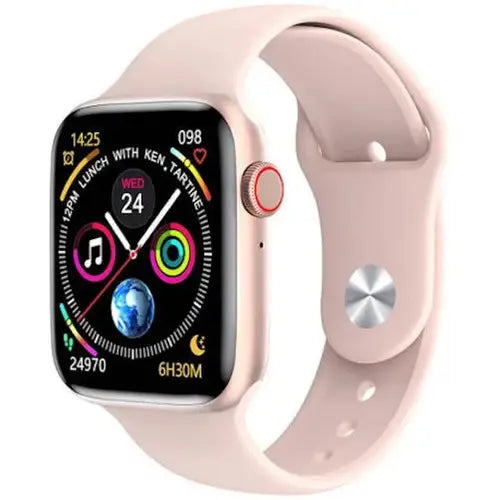 T500 Plus Pro digital smart watch with a pink strap and a silver-colored case. The watch has a colorful digital screen displaying various smart watch features.