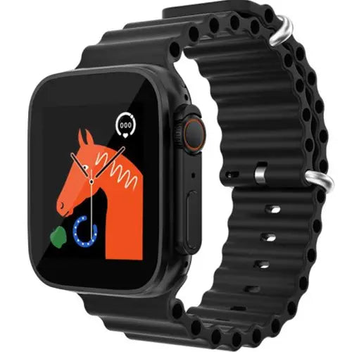 T500 Ultra smartwatch with black band and orange display showing horse graphic.