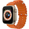 T500 Ultra digital smartwatch with a silver metal case and an orange silicone band, displaying a colorful watch face.