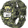 T6 digital smart watch with a camouflage patterned band and case, displaying a digital screen with various icons and a time readout.