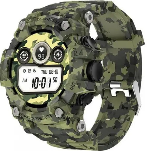 T6 digital smart watch with a camouflage patterned band and case, displaying a digital screen with various icons and a time readout.