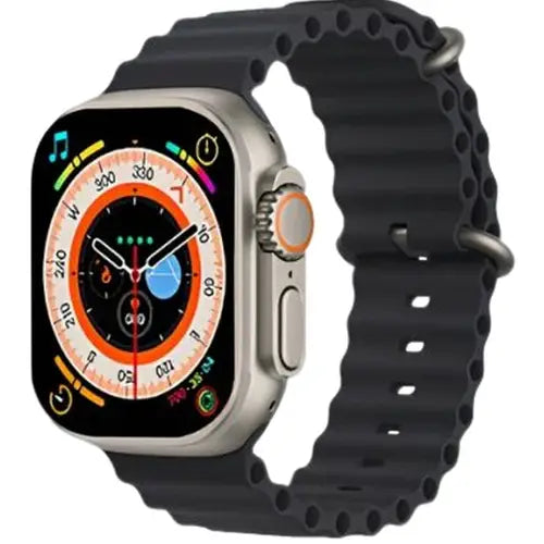 T800 Ultra A digital smart watch with a black band and a silver-colored case, displaying a colorful watch face.