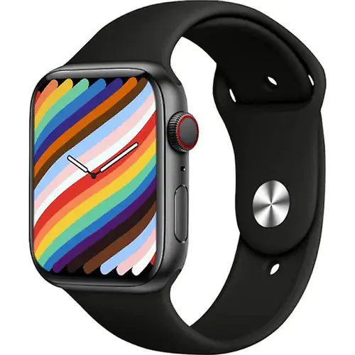 t900 pro max silver smartwatch with a black strap and a digital display showing time, date, and various smart notifications on a colorful screen.