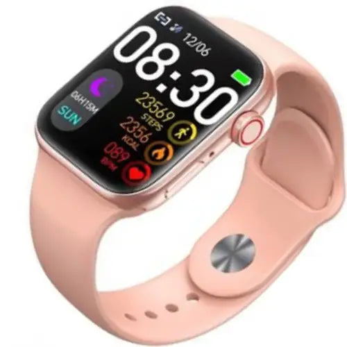 t900 pro max silver smartwatch with a light pink strap and a digital display showing time, date, and various smart notifications on a colorful screen.