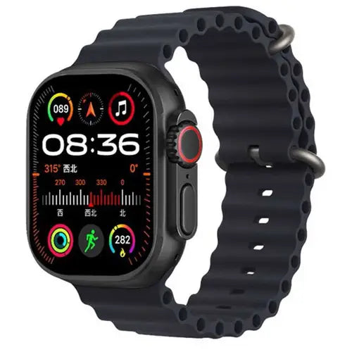 T900 Ultra 2 digital smart watch with a black silicone strap and a silver metal case. The watch has a colorful digital screen displaying time and date.
