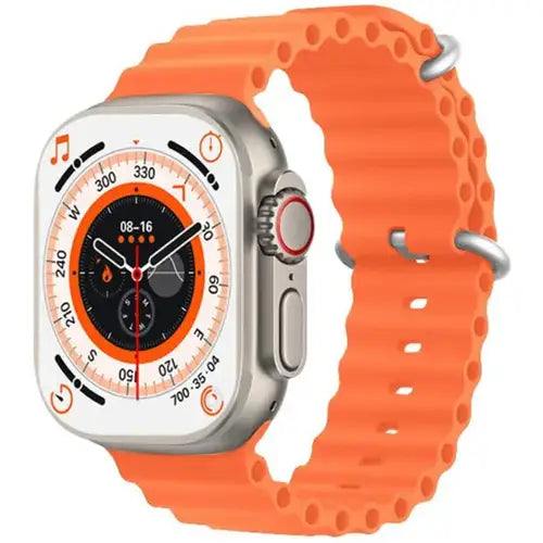 T900 Ultra 2 digital smart watch with a orange silicone strap and a silver metal case. The watch has a colorful digital screen displaying time and date.