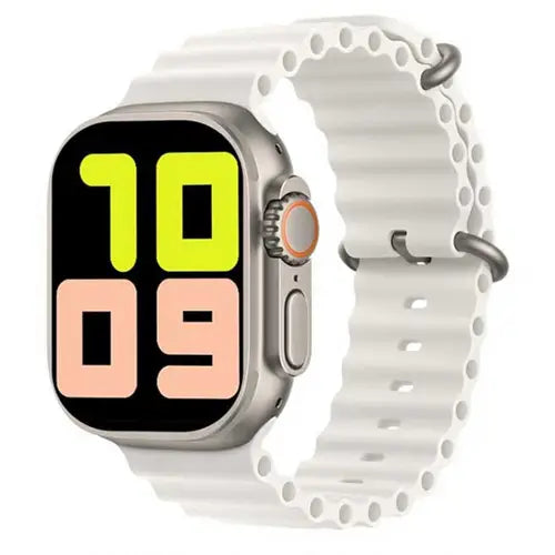T900 Ultra 2 digital smart watch with a white silicone strap and a silver metal case. The watch has a colorful digital screen displaying time and date.