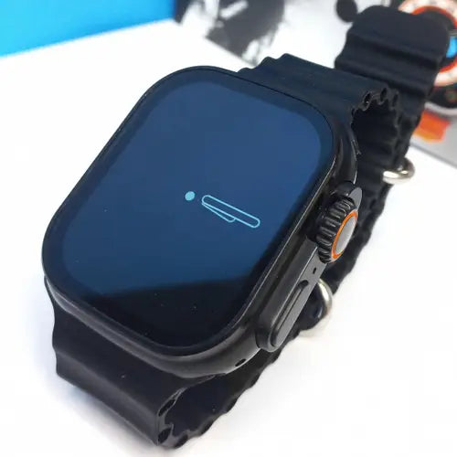 T900 Ultra A digital smart watch with a black band and case, featuring a black display.