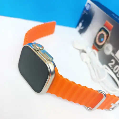 T900 Ultra A digital smart watch with a orange band and case, featuring a black display.