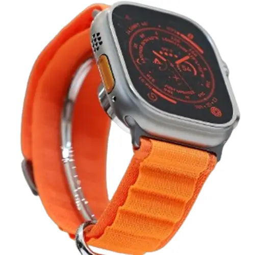 TG58 Ultra Apple smart watch with a orange band and case, with digital display.
