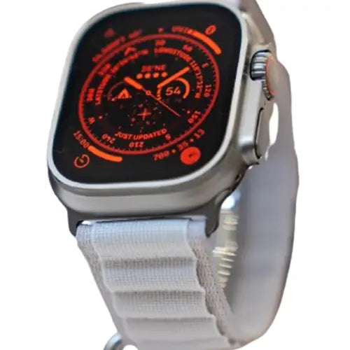 TG58 Ultra Apple smart watch with a silver band and case, displaying a red and black dial screen.