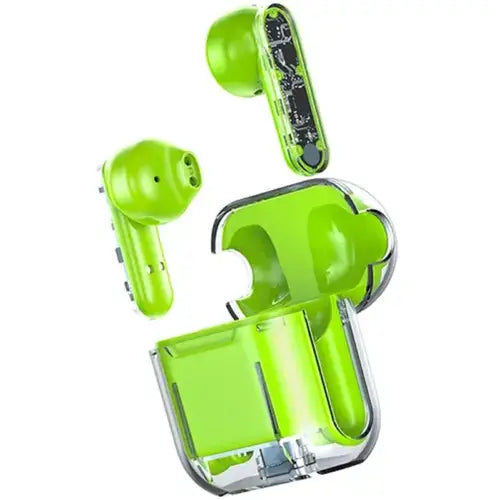 A pair of green TM10 Stereo True Wireless Earbuds with a charging case, the earbuds are partially inserted into the case.