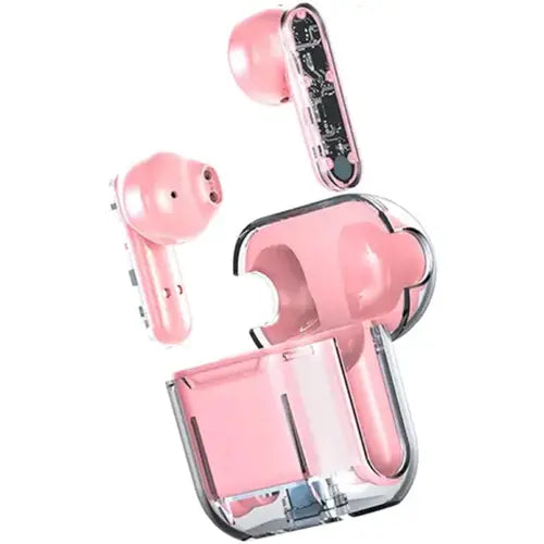 A pair of pink TM10 Stereo True Wireless Earbuds with a charging case, the earbuds are partially inserted into the case.