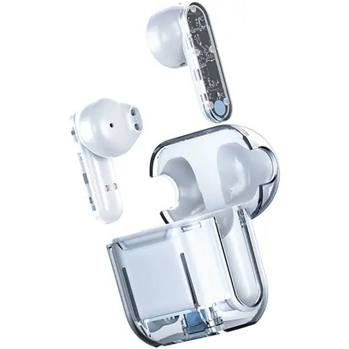 A pair of white TM10 Stereo True Wireless Earbuds with a charging case, the earbuds are partially inserted into the case.