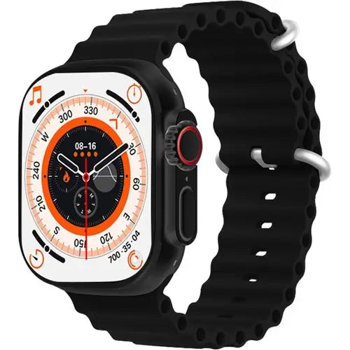 TS8 Ultra A digital smart watch with a silver metal case and a black silicone strap, displaying a digital watch face with orange and black accents.