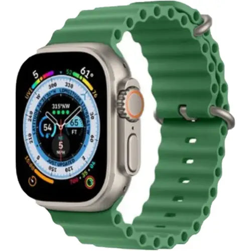 TW18 Ultra A digital smart watch with a green strap and a silver-colored case. The watch face displays various health and fitness metrics in a colorful dashboard.