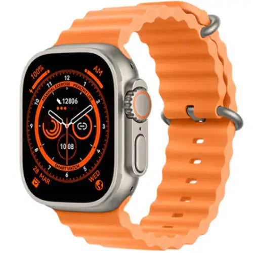 TW18 Ultra A digital smart watch with a orange strap and a silver-colored case. The watch face displays various health and fitness metrics in a colorful dashboard.