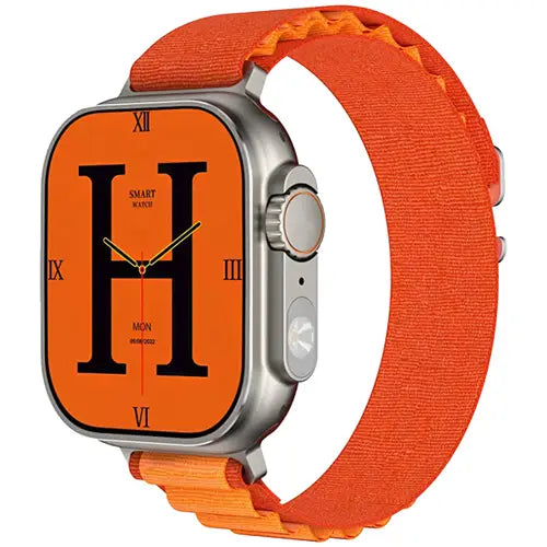TW28 Ultra orange and silver smartwatch with a textured orange band and a prominent letter 'H' on the watch face.