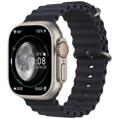 TW8 Ultra black silicone band smart watch with a silver metal case and a digital display showing time and date.