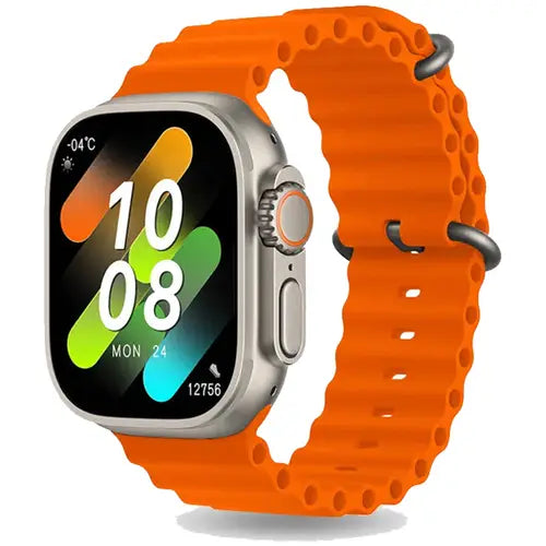 TW8 Ultra orange silicone band smart watch with a silver metal case and a digital display showing time and date.