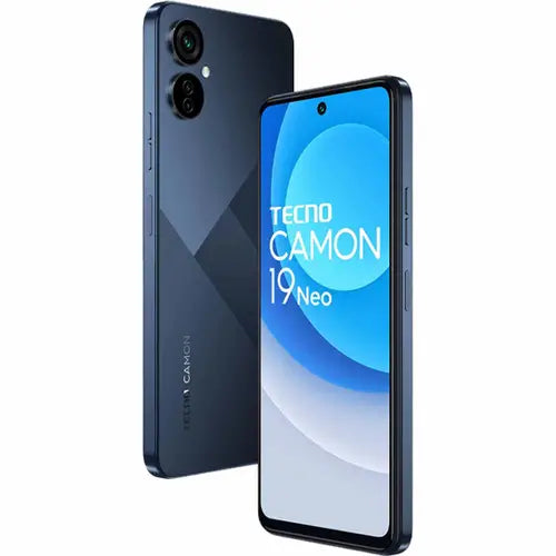 Tecno Camon 19 Neo smartphone of black colour showing front and back on a white background