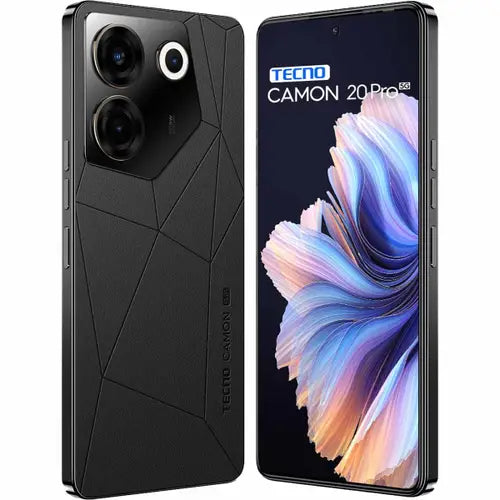 Tecno Camon 20 Pro smartphone with black geometric design case on a white background