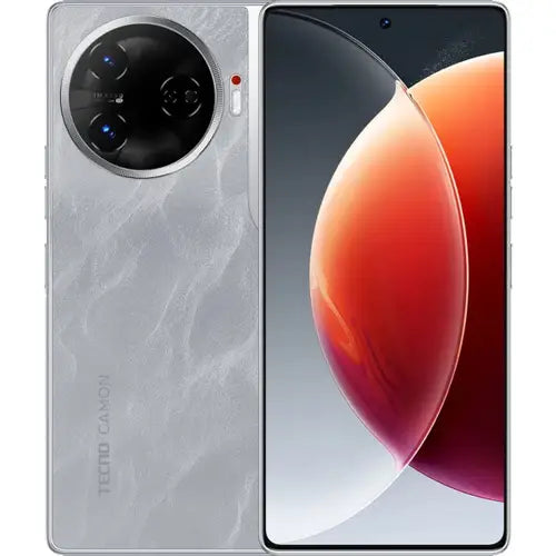 Tecno Camon 30 Pro 5G Smartphone showing front and back design with a red and orange gradient on screen.