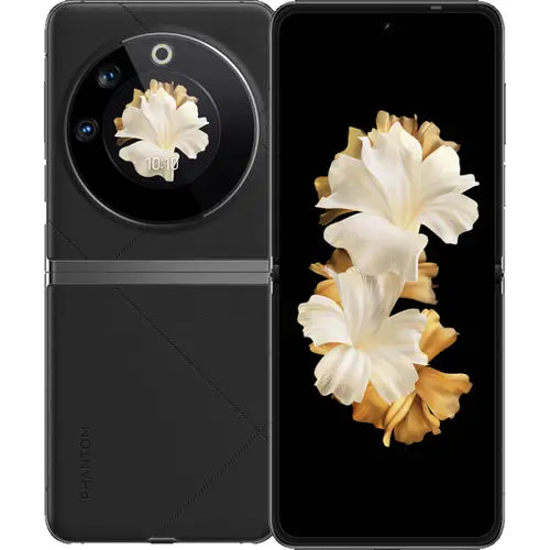 Tecno Phantom V Flip in Black colour with floral design on screen and back