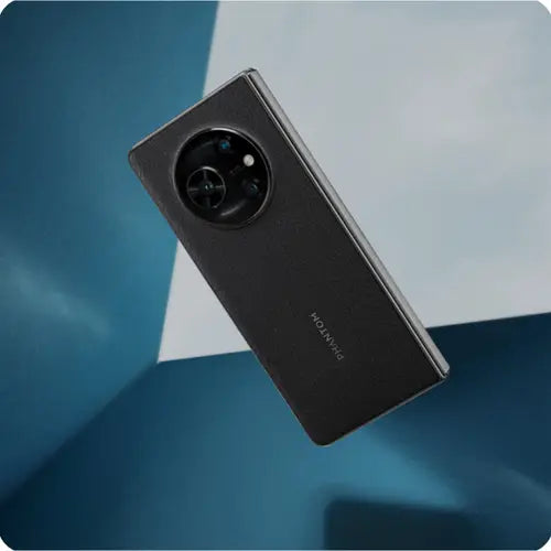 Tecno Phantom V Fold Black smartphone with a blue and white geometric background