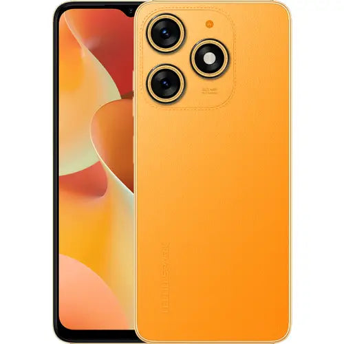 Tecno Spark 10 in orange colour with visible camera lenses on a plain background