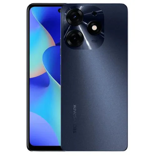 Tecno Spark 10 Pro in with screen on displaying colorful wallpaper, back view showing camera and TechSmart branding.