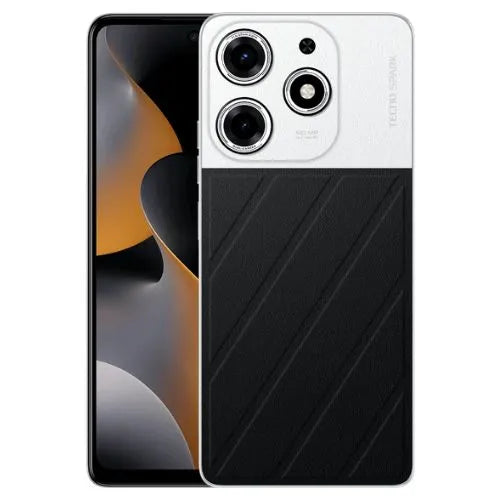 Tecno Spark 10 Pro with black and white design on a white background