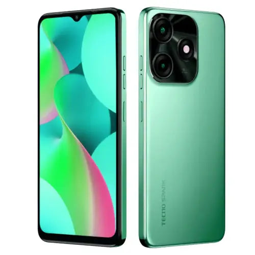 Tecno Spark 10C in green colour with front and back views on a white background