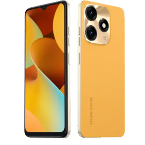 Tecno Spark 10C Smartphone with colorful screen and orange back cover on white background