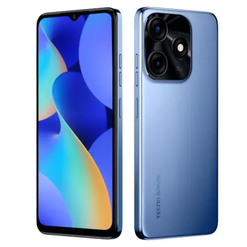 Tecno Spark 10C Smartphone with blue back and colorful screen.