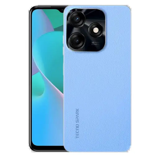 A blue Tecno Spark 10C mobile phone with a visible camera module on the back.
