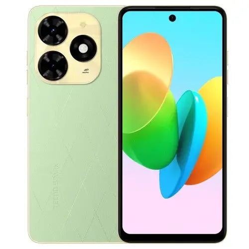 Tecno Spark 20C in green colour with a colorful display on a white background