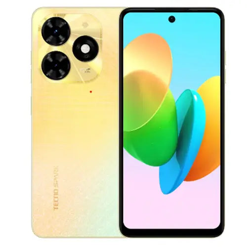 Tecno Spark 20C Smartphone with a colorful display and gold back on a white background