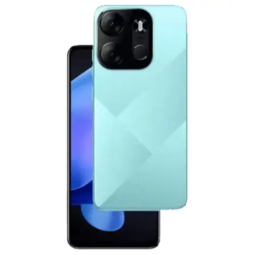 Tecno Spark Go 2023 Smartphone with a turquoise back and black front on a white background