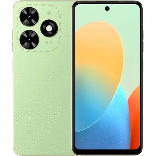 Tecno Spark Go 2024 in green colour with a colorful display on a white background