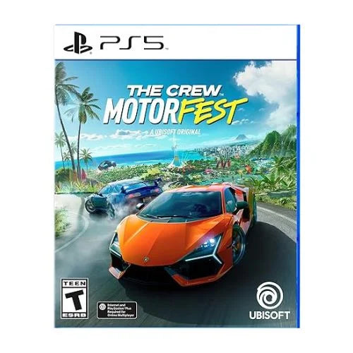 The image shows a game case for PS5 'The Crew Motorfest PS5' featuring an image of a sports car on a road with a tropical landscape in the background.