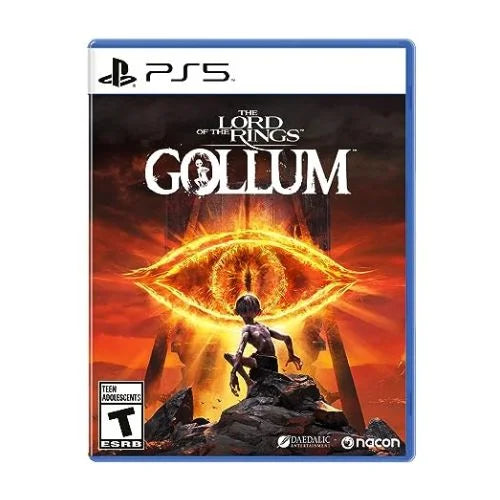 A PS5 game case for 'The Lord of the Rings: Gollum' featuring an image of Gollum and a fiery backdrop.