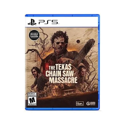 This image features the PlayStation 5 version of the game "The Texas Chainsaw Massacre." The cover art prominently displays a striking illustration of a man wielding a chainsaw, set against a backdrop of a dilapidated wooden structure, enhancing the horror genre of the game.