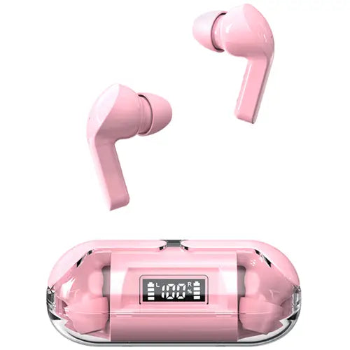 This image displays a pair of Tm20 Stereo True Wireless Earbuds accompanied by a charging case. The earbuds are sleek and white, designed to offer high-quality sound and comfort.