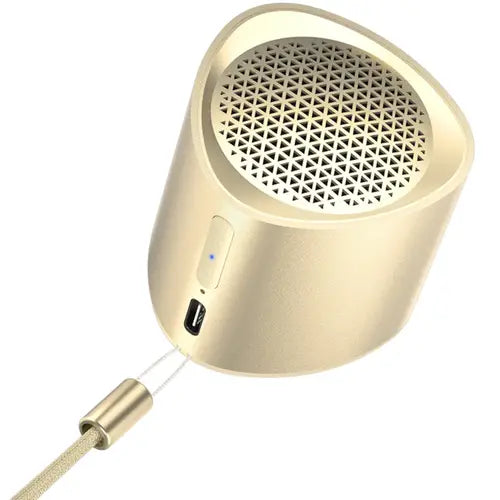 Tronsmart-Nimo-Portable-Mini-Speaker in gold color portable speaker with cable on a white background