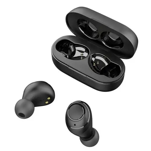 A pair of Tronsmart Onyx Free True Wireless Bluetooth Earphones in black color, with the charging case open.