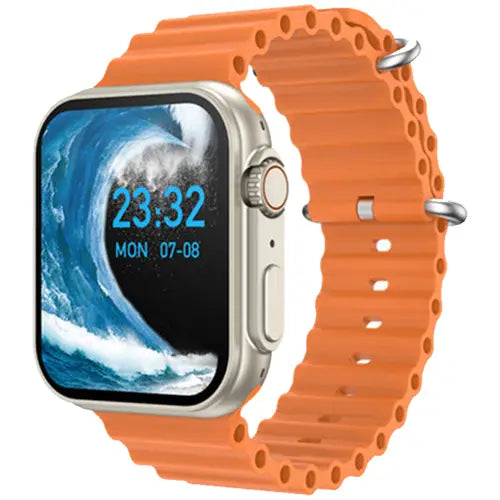 U8 Ultra a digital smart watch with a orange silicone strap and a silver metal case, displaying time and date on its screen.