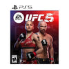 This image features the cover art for the PlayStation 5 game "UFC 5" by EA Sports. The cover prominently displays two UFC fighters: a female fighter dressed in red with gloves on, and a male fighter in a black outfit with similar gloves.