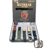 A Ultra 10 Smart Watch With 10 straps with multiple interchangeable straps displayed in a box, including camouflage patterns and solid colors.