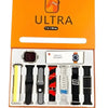 ultra smart watch 7 A collection of smart watch straps displayed in a box, with the brand name ULTRA visible on the top. The straps are in various colors and patterns.